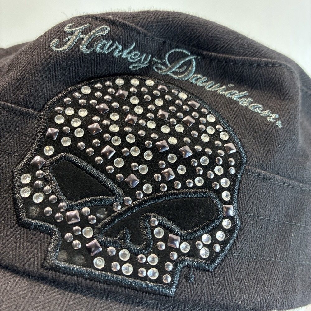 Harley Davidson Cadet Hat Ball Cap Rhinestone Military Skull OSFA Embroidered